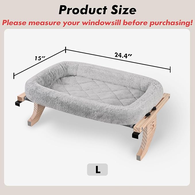 AMOSIJOY Wooden Cat Windowsill Perch with Zipper Cushion Bed, 24.4in | Sturdy Wood & Metal Frame Hold up to 40lbs, Machine Washable, Easy to Adjust, Hook-on Mounting Cat Hammock Seat for Large Cat
