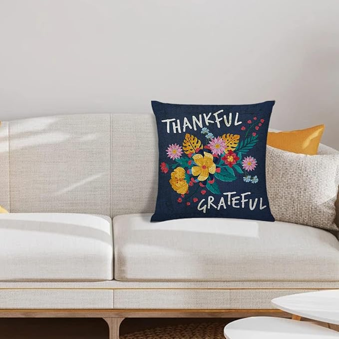 Littlefa Thankful Grateful Flower Throw Pillow Cover Navy Blue | Navy Blue Decorative Pillow Case for Couch Sofa Bedroom, Inspiring Gifts for Friends Women