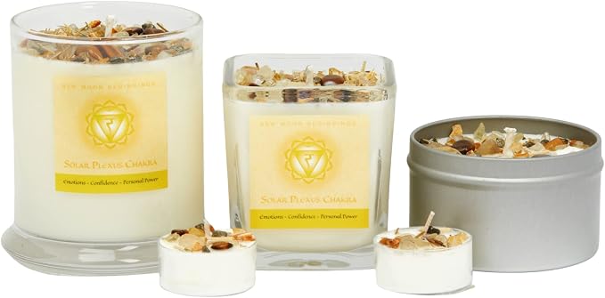 Solar Plexus Chakra Candle by New Moon Beginnings - Chakra Candles - Dried Flower, Herb, & Crystal Candles - Aromatherapy Candles - Soy Candle - 12oz Glass Jar