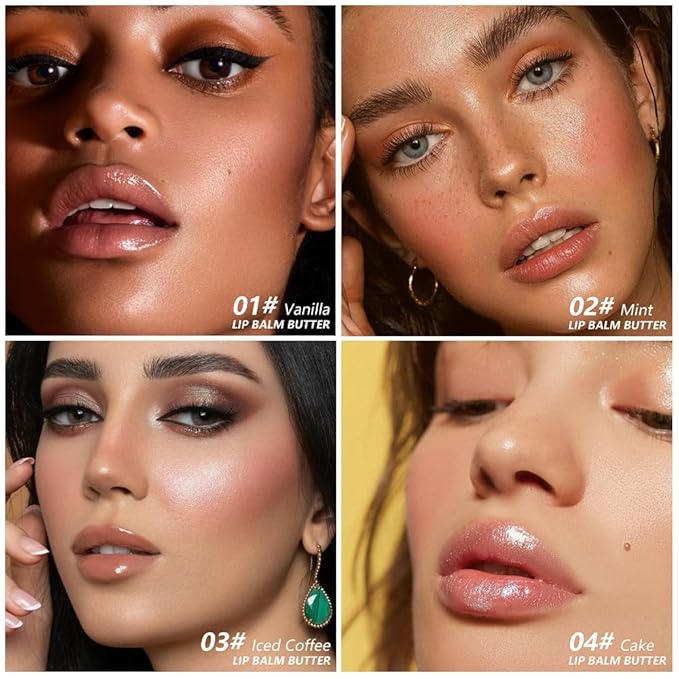 4Pcs Summer Butter Lip Balm Lip Gloss, Ultra-Hydrating Natural Vegan Lip Balm, Sheer-Tinted Shine & Hydration, Soothes & Softens Dry Lips Skincare, Bálsamo labial hidratante (#1+2#+3#+4#)