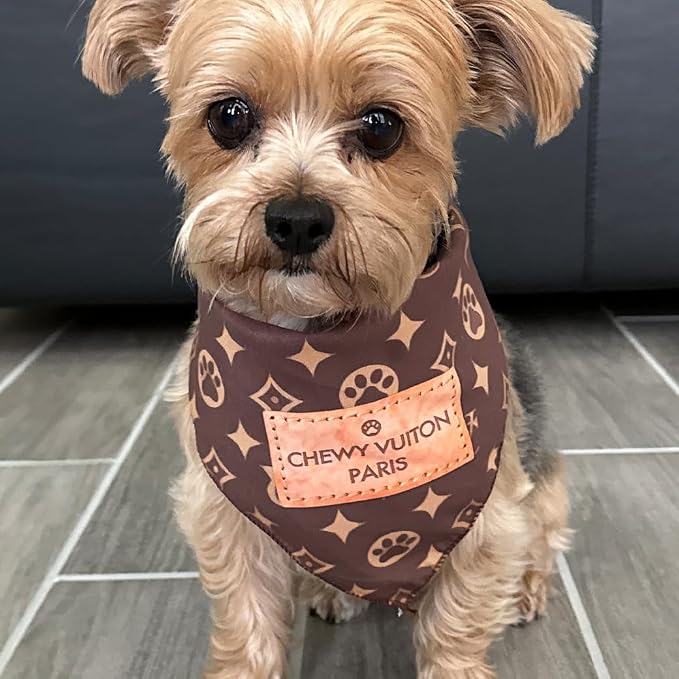 Chewy Vuiton Dog Bandana Designer Fashion Scarf Kerchief for Small Medium and Large Dogs, Funny Parody Gift for Girl or Boy Dog, Soft Durable Fabric, Adjustable Tie-On Style Triangle