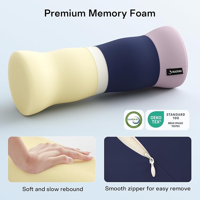 Neck Roll Pillow - Cooling Cover Round Neck Pillow for Sleeping - Memory Foam Cervical Roll Pillow - Ergonomic Bolster Pillow for Neck, Leg, Back, Yoga, Relaxing (Blue Purple)