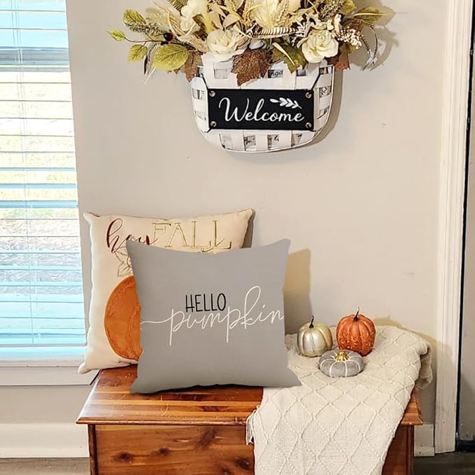 RABUSOFA Fall Pillow Covers 18x18 Inch,Autumn Hello Pumpkin Pillows Decorative Throw Pillows,Outdoor Thanksgiving Cushion Cover Farmhosue Fall Decor for Bedroom Couch Sofa Gray