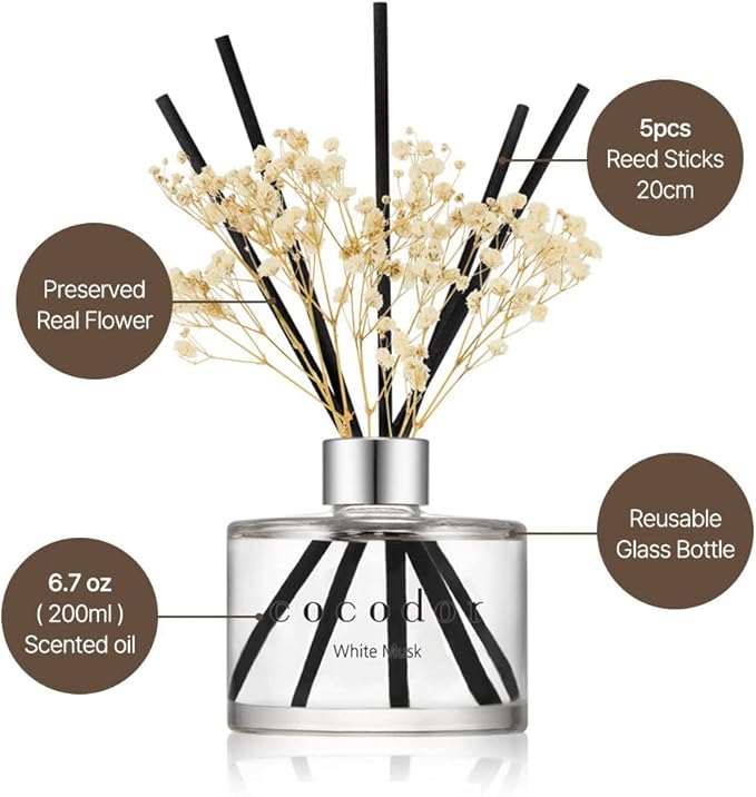 COCODOR Reed Diffuser Set with Preserved Baby's Breath with Sticks/April Breeze / 6.7oz / Scent Fragrance Oil Diffuser for Bedroom Bathroom Home Decor