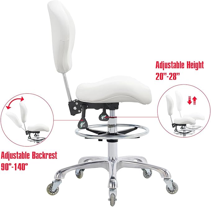 Grace&Grace Drafting Chair Adjustable Tall Shop Stool, Rolling Stool with Back Support for Studio, Classroom, Lab, Counter, Medical (White)