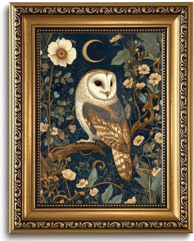 William Morris Gold Framed Wall Art Vintage Woodland Barn Owl Wall Decor | Cottagecore Botanical Animal Pictures Canvas Art Moody Dark Academia Small Framed Prints Artwork for Bookshelf Gallery Wall