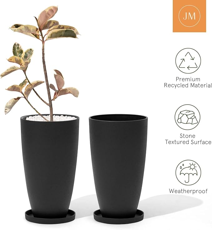 LA JOLIE MUSE Tall Round Outdoor Planters with Shelf Insert, 20 Inch, Black | Set of 2, Large Flower Pots with Drainage Holes and Tray, Modern Planter for Front Doors, Balconies, Gardens, Patios, Deck