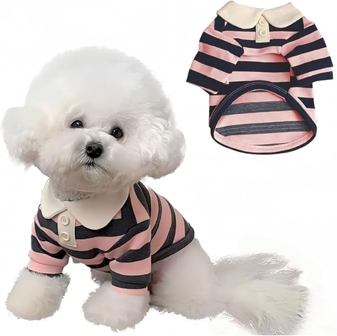 MANON ROSA Boy Dog Polo Shirt for Small Dogs, Pink, M, 5.5-8.8 lb | Cute Puppy Clothes With Classic Stripes, Soft Breathable Pet Apparel For Yorkies, Shih Tzus, Maltese And Everyday Summer Wear