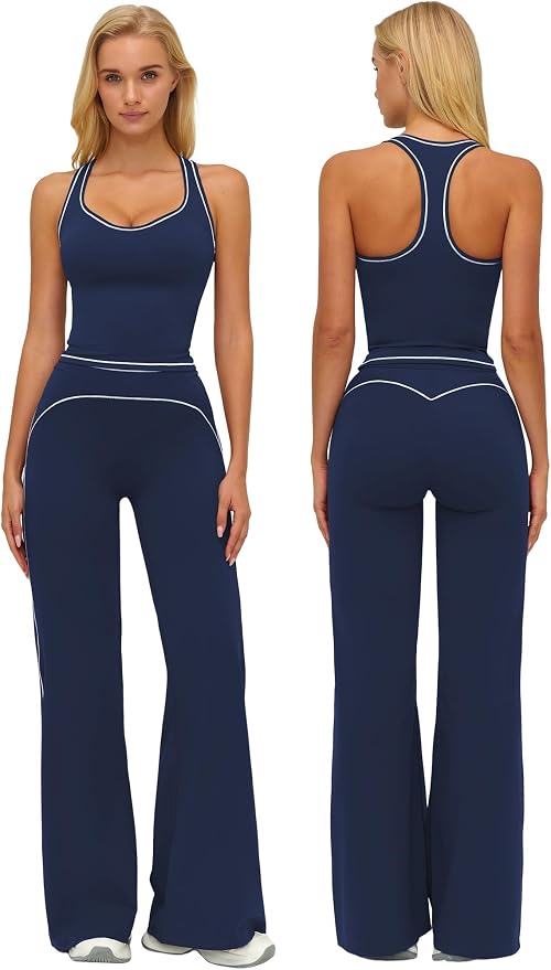 ABOCIW Two Piece Workout Sets for Women Racerback Tank Top Matching High Waist Wide Leg Yoga Pants Pilates Outfits
