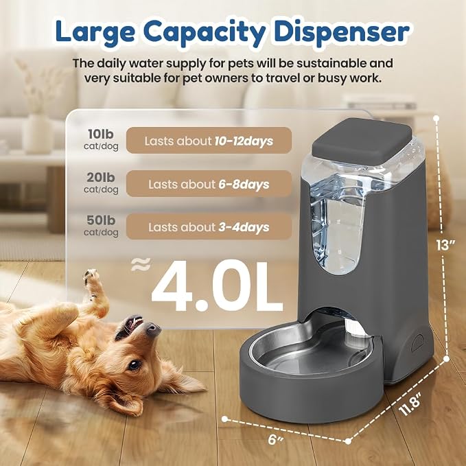 1 Gallon Automatic Cat Feeder Gravity Stainless Steel Water Dispenser Dog Feeder for Small Medium Puppy Kitten Pets Water Feeding Bowls,Charcoal Gray