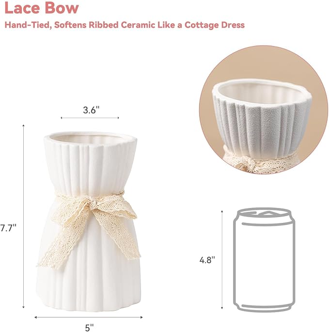 White Ceramic Vase with Lace Bow & Ribbed Texture - 7.7" Unique Flower Vase for Pampas Grass & Centerpieces, Farmhouse/Boho Decorative Vase for Living Room, Office Desk & Gift for Her/Yourself
