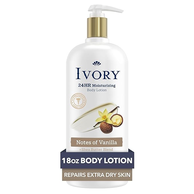 Ivory Hand & Body Lotion, 24hr Moisturizing, Repairs Extra Dry Skin, All Day Hydration, Lightweight Formula, Absorbs Instantly, Perfect for Daily Use, Shea Butter Blend, Vanilla Scent, 18 fl oz