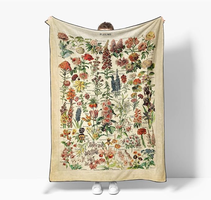 Vintage Flowers Throw Blanket 59”x51” Long Vertical Reference Illustrative Botanical Throws for Bedroom Aesthetic Floral Blankets Botanical Plants Throw Blanket Cute Bedroom Decor