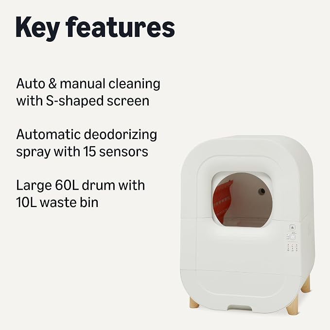 Amazon Basics Automatic Self-Cleaning Cat Litter Box with Safety Sensors, S-Shaped Screen, Odor Control, Removable Washable Liner, 15.8-Gallon, for Cats 3.3-22lb