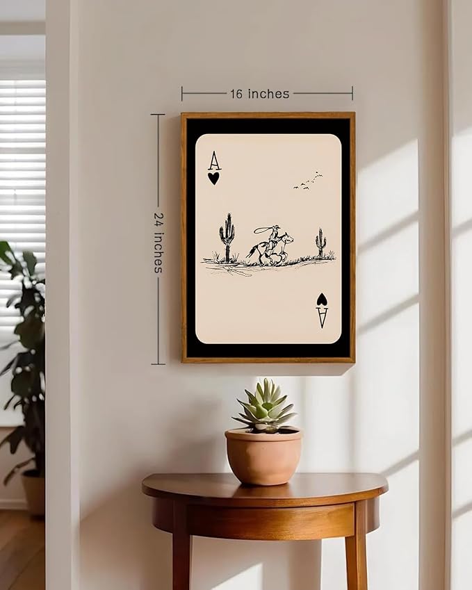 ZZLWBKGL Western Wall Decor Cowboy Poker Canvas Art Vintage Framed Wall Art | Cactus Artwork Mid Century Picture Southwest Farmhouse Paintings for Bedroom Living Room 16x24in