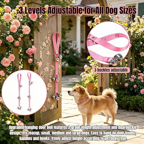 Dog Door Bell for Potty Training, 2-in-1 Set with Adjustable Hanging Bell(Includes 7 Stainless Steel Bells) and Metal Press Call Bell,Pink