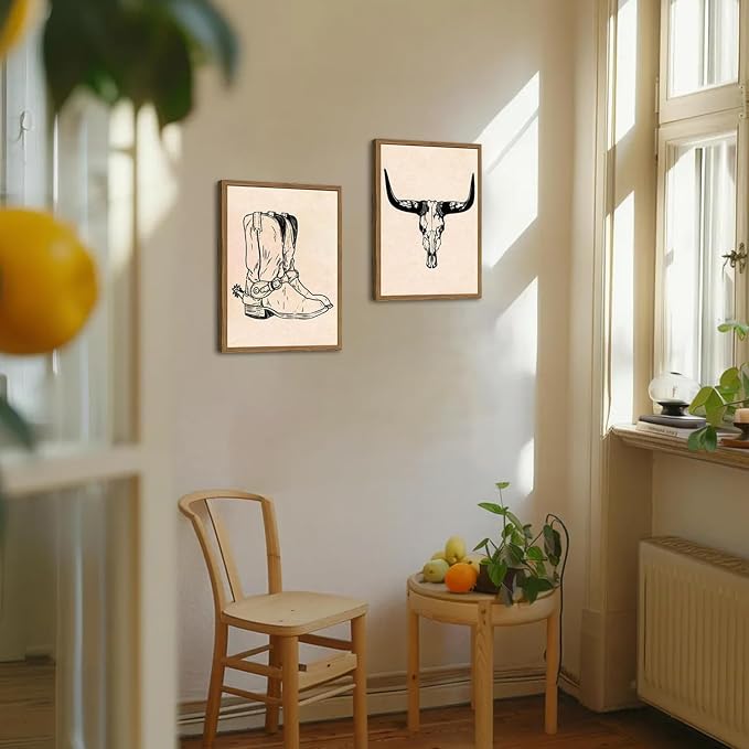 Vintage Western Wall Art Set of 3, Southwestern Cowboy Wall Decor Paintings, Black and White Longhorn Bull Skull Canvas Prints for Bedroom Living Room 12x16 inch Wood Framed