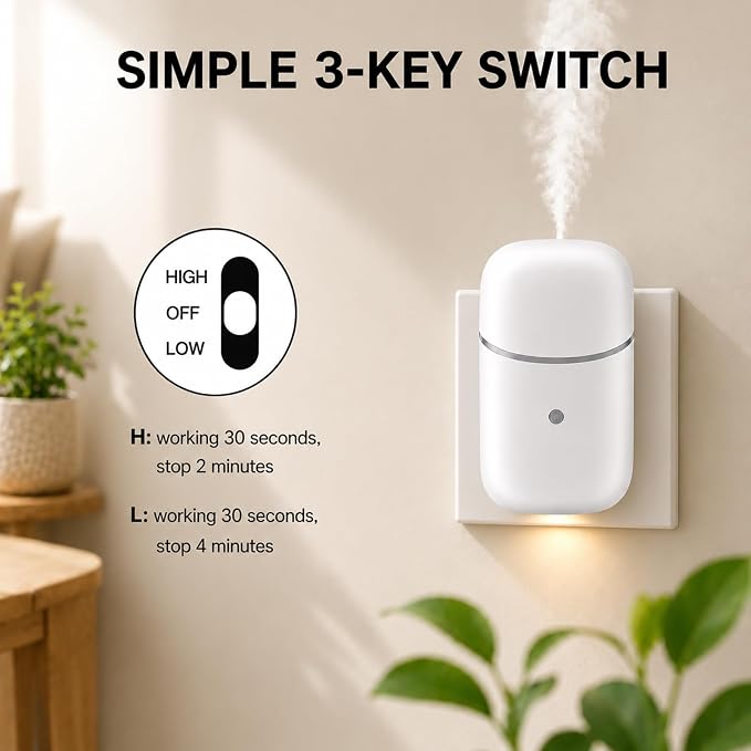 Waterless Diffuser, Quiet Essential Oil Diffuser with Low/High Levels and Night Light, Plug in Diffuser with Timer, Wall Aromatherapy Diffuser for Home, Living Room, Bedroom, Bathroom, White
