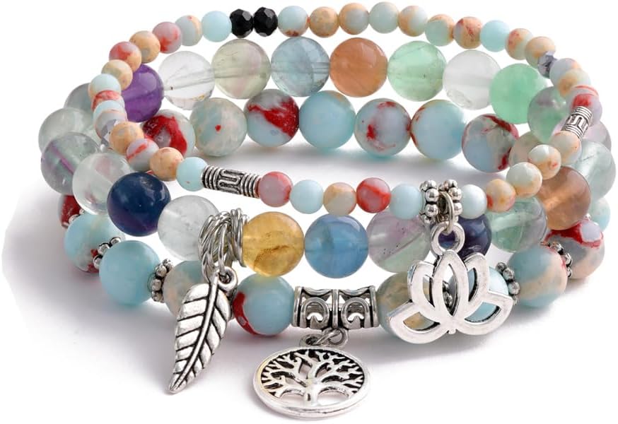 UEUC Tree of Life Yoga Healing Stone Bracelets,Multilayer Lotus Chakra Stone Reiki Bracelet Sets,Anxiety Crystal Natural Stone,for Women Stress Relief