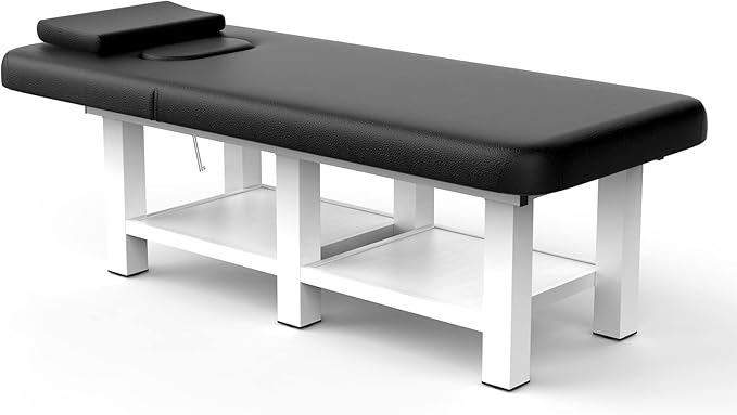 pouseayar 31.5'' Wide × 75'' Long Stationary Massage Table with Backrest and Storage Space for Treatment Table Physical Therapy Table Spa Facial Bed, 6 Square Legs Metal Frame PU Leather - Black