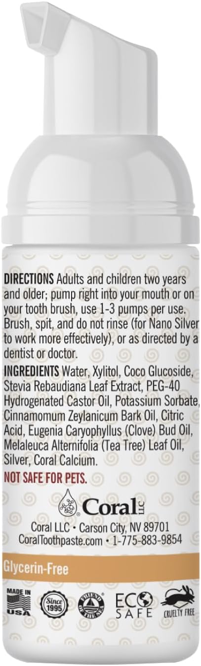 Coral Nano Silver Foaming Toothpaste – Fluoride Free Natural Remineralizing Tooth Foam – Whitening, SLS & Glycerin Free with Xylitol & Coral Calcium – Cinnamon Flavor (4oz, 3-Month Supply)