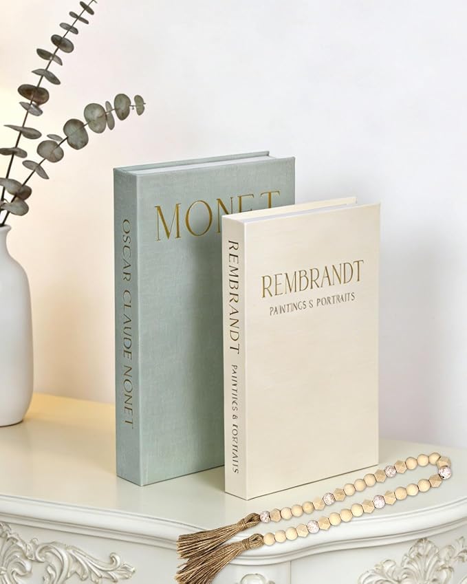 Decorative Books, Coffee Table Decor, 2 Linen Faux/Fake Books with Farmhouse Beads for Home Decor, Bookself, Entryway, Mordern Room Decor Aesthetic (Sage Green + Beige)