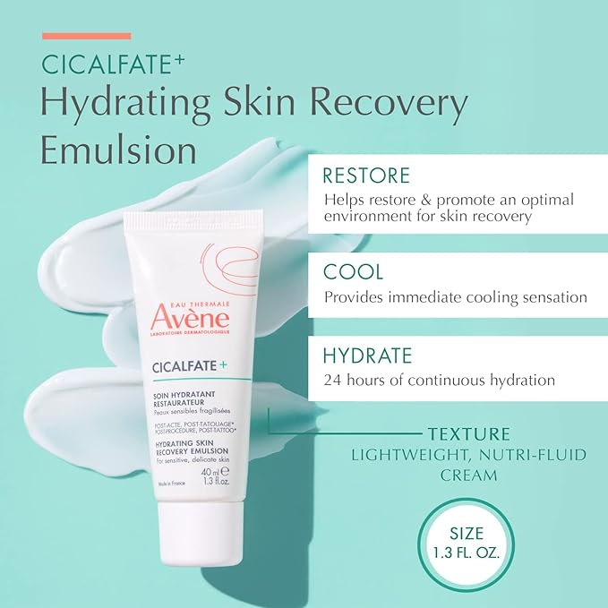 Avène Cicalfate+ Hydrating Skin Recovery Emulsion for post-procedure & post-tattoo,helps restore skin barrier,24hr hydration,1.3 Fl Oz,(Pack of 2)