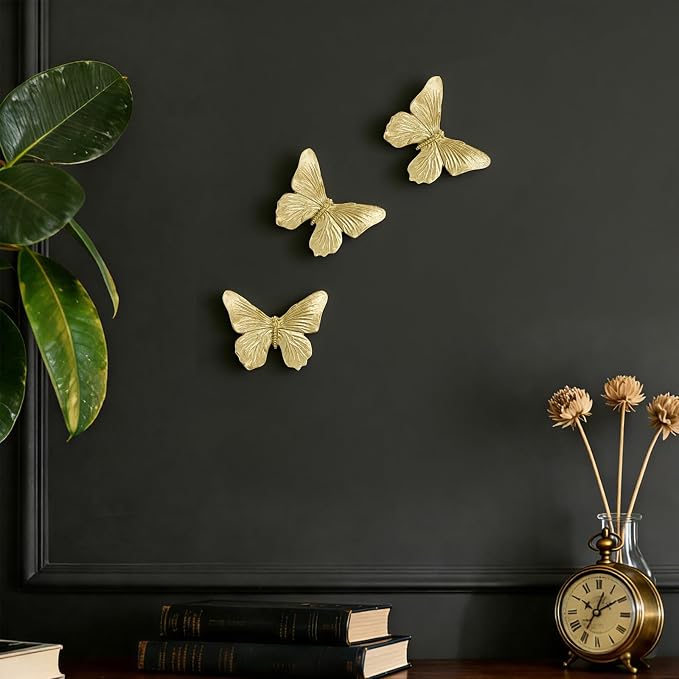 GUSFREUD 3D Butterfly Wall Decor Set – Resin Wall Decor for Living Room, Bedroom, Bathroom, Dining Room, Outdoor and Gallery Walls - Antique Gold - Set of 3