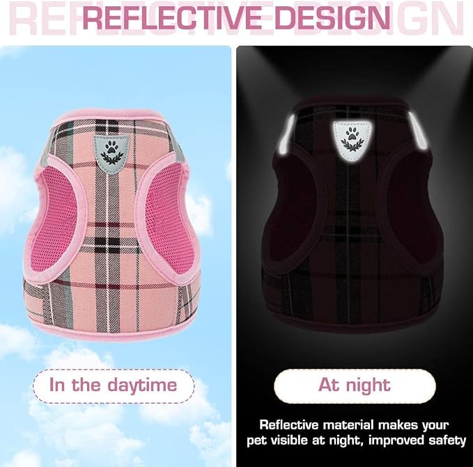 KOOLTAIL Dog Harness for Small Medium Dogs ,Dog Harness and Leash Set, Step in No Pull Soft Mesh Padded Adjustable and Reflective Pet Vest Harness Puppy, Plaid Extra Harness for XS S Dogs, Pink M