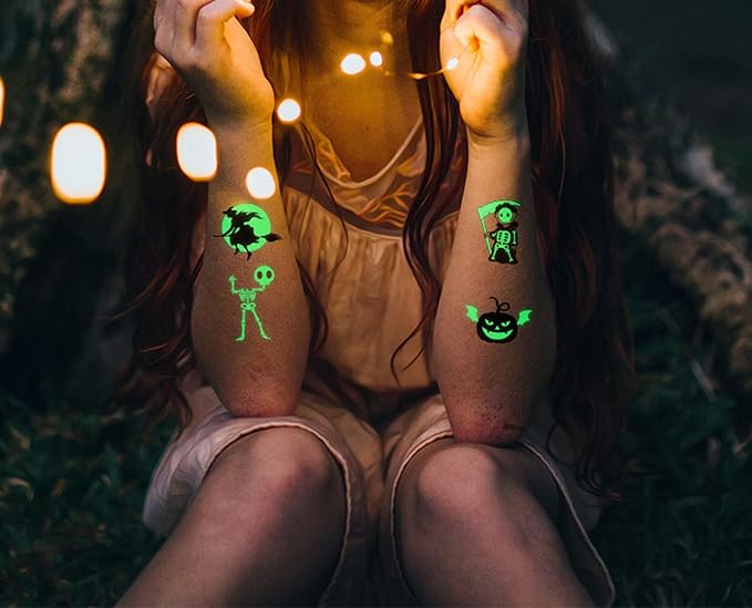 Luminous Halloween Temporary Tattoos for Kids, 360Pcs Halloween Cosplay Face Fake Tattoos, Glow In The Dark Tattoos for Adults, Holiday Party Favor Prizes Goody Bag Stuffers, Body Stickers Decorations