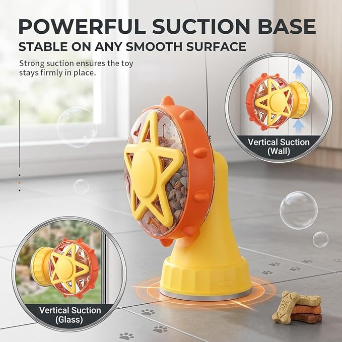 2-in-1 Interactive Cat Toy, Rotating Treat Dispenser with Strong Suction Cup & Teaser Wand, Adjustable Slow Feeder Puzzle Toy for Cats, Boredom Relief & Mental Stimulation Fits Kibble ,Treats (Yellow)
