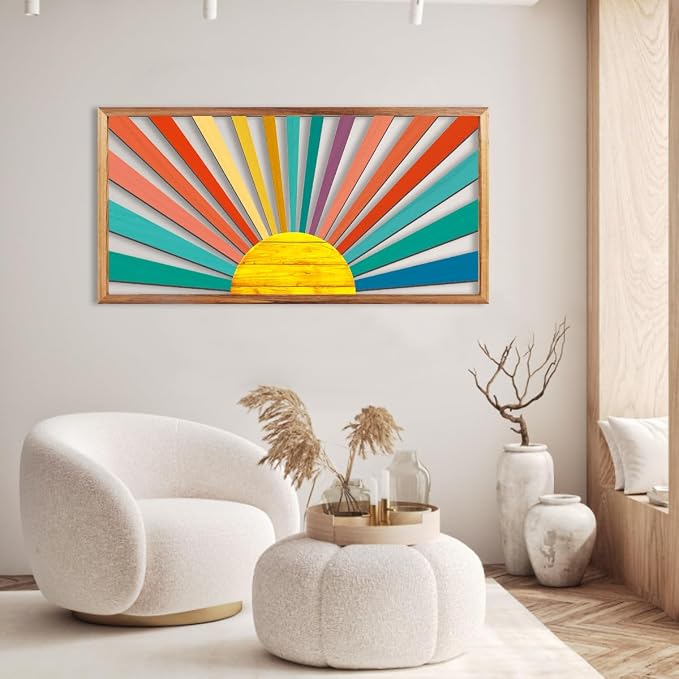 IARTTOP Large Boho Sun Wall Art Framed Wooden Art Wall Decor Colorful Rainbow Geometric Line Sunshine Artwork for Living Room Bedroom Office 16x32 Inch