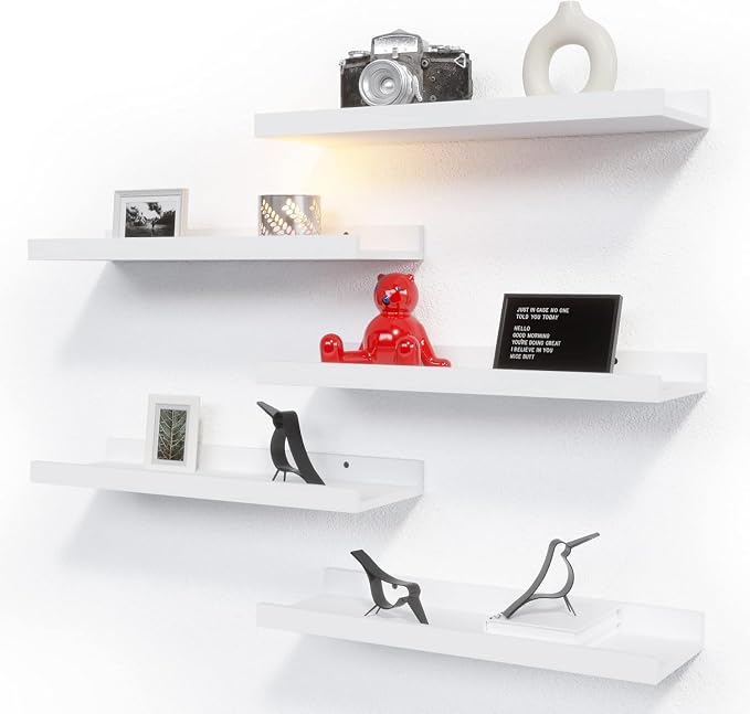 RICHER HOUSE 5-Set Floating Shelves with Lip, White Wall Mounted Wood Shelf | Display Picture Ledge Shelf, Anti-drop lip Shelf for Room Wall Decor, Bedroom Bathroom Storage Nursery Books, Easy Setup 16in