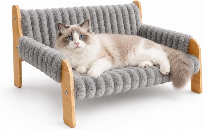 Elevated Cat Couch for Indoor Cats Wooden Cat Sofa for Kitty Puppy | Ultra-Soft Plush Raised Cat Bed,Removable Washable Cat Chair Hammock,Breathable Cat Furniture for Bedside Balcony Living Room
