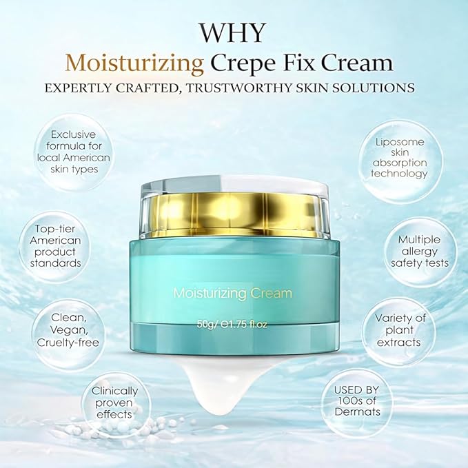 Moisturizing Crepe Fix Cream - Tightens and Firms Face, Neck & Body, Anti Wrinkles for Crepey and Sagging Skin,Non-Greasy Formula with Hyaluronic Acid & Collagen - 1.75 oz