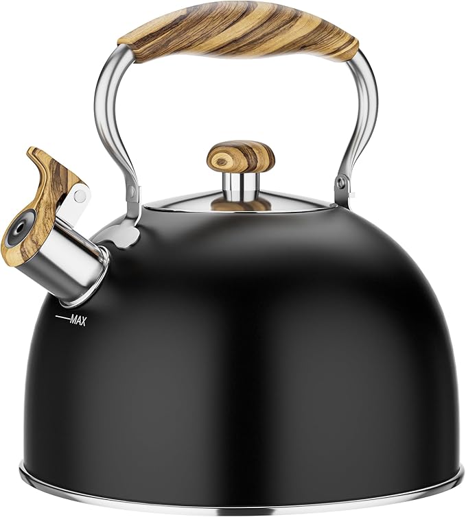 2.6 Quart Whistling Tea Kettle for Stovetop, Black | Food Grade Stainless Steel with Cool Wood Pattern Handle, Induction Compatible