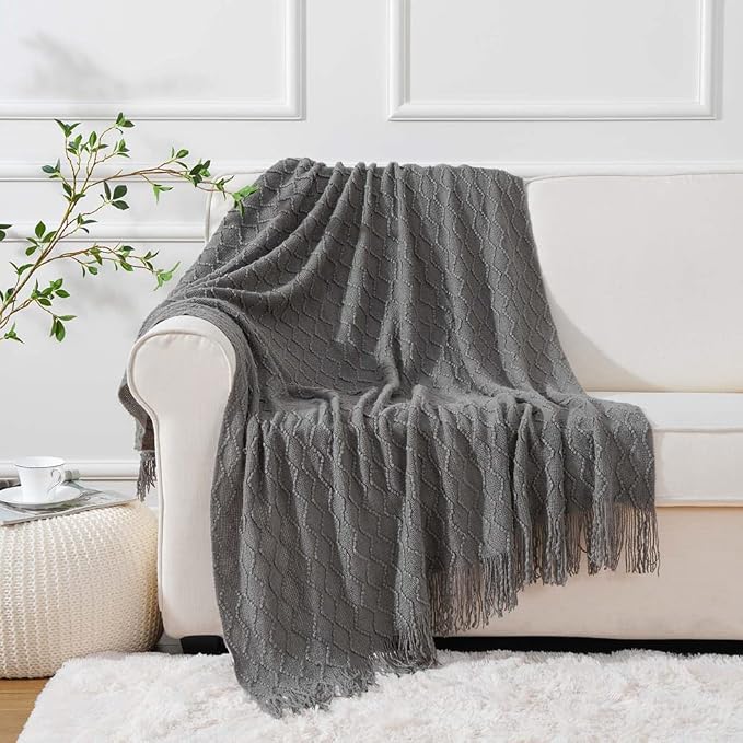 BATTILO HOME Dark Grey Throw Blanket for Couch, Textured Solid Soft Sofa Throw, Knitted Decorative Grey Blanket, 50"x60"