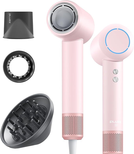 PLUZZ Ionic Hair Dryer with Diffuser, Professional High-Speed Blow Dryer for Women & Men, 110,000 RPM Brushless Motor Fast Drying & Low Noise, Thermo-Control, Lightweight for Travel/Home (Pink)
