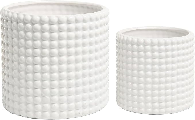 MyGift 6 Inch White Ceramic Planter Pots with Hobnail Texture, Set of 2 | Classic textured plant containers add charm to shelves and tabletops while complementing succulents, flowers, and herbs