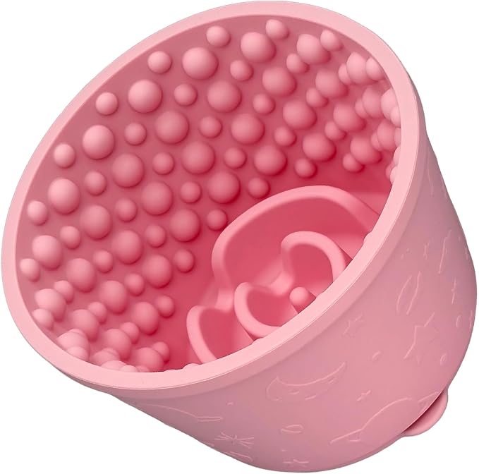 2-in-1 Licking Toy & Silicone Slow Feeder Bowls with Suction Cup - Non-Slip Mat for Bored Small Breed Dogs, Anxiety Relief, Anti-Choking (4.3" x 2.9", Pink)