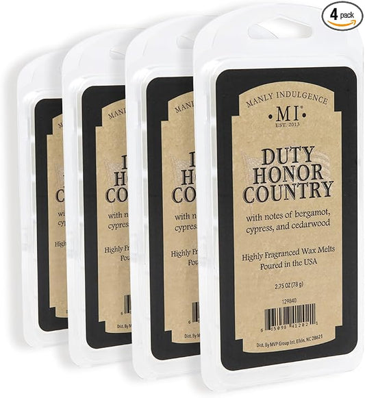 Manly Indulgence Duty Honor Country Scented Wax Melts, Wax Melt Warmer Cubes, Long Lasting Scented Wax Warmer Cubes, 4 Pack, 6 Cubes Each - Made in The USA