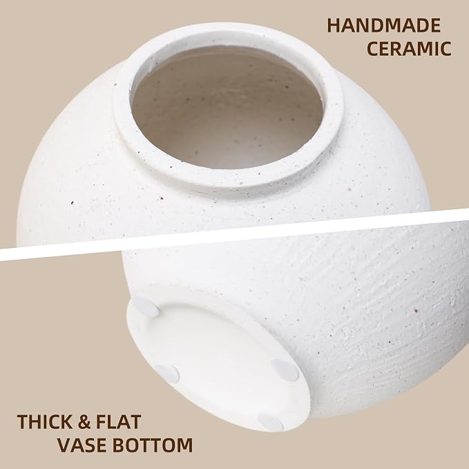 Starttag Large White Ceramic Vase, 9.8 inch Rustic Farmhouse Flowers Vase for Home Decor, Sandstone Texture Round Pottery Tall Vase Indoor for Table Living Room Decor