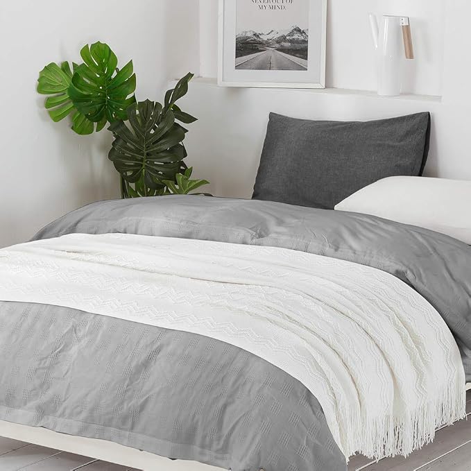 BOURINA Off White Throw Blanket 60x80Inch Boho Knit Soft Throw Sofa Blanket | Knitted Throw Blanket 60x80 Inches, Soft Lightweight Boho Weave Throw Decorative Couch Blanket for Living Room Bedroom Chair
