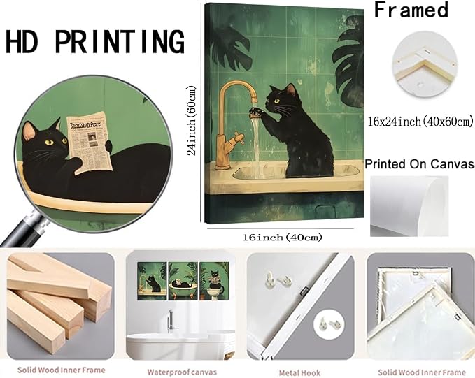 Funny Bathroom Black Cat Wall Art Set of 3, Whimsical Animal Bathroom Wall Decor Painting Maximalist Quirky Dark Pet Cat Toilet Canvas Poster Prints Aesthetics, Framed 16x24 inch