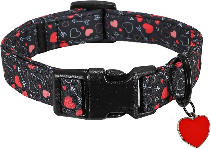 Extra Small Dog Collar, Black Dog Collar with Red Hearts, Collar for Extra Small Boys Girls Dogs with Quick Release Buckle