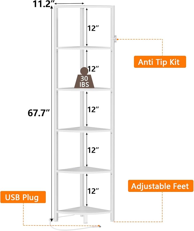 6 Tier Corner Shelf with LED Light, 67.5" White Narrow Bookshelf | Tall Standing Shelf Organizer, Storage Rack for Wall Corner, Living Room, Bedroom, Metal Frame, Wood Display Shelf
