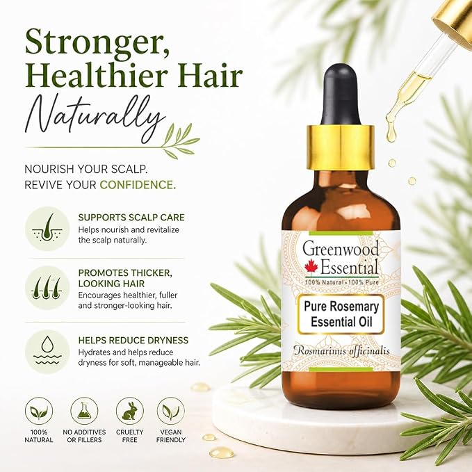 Greenwood Essential Pure Rosemary Essential Oil (Rosmarinus officinalis) with Glass Dropper Steam Distilled 100ml (3.38 oz)