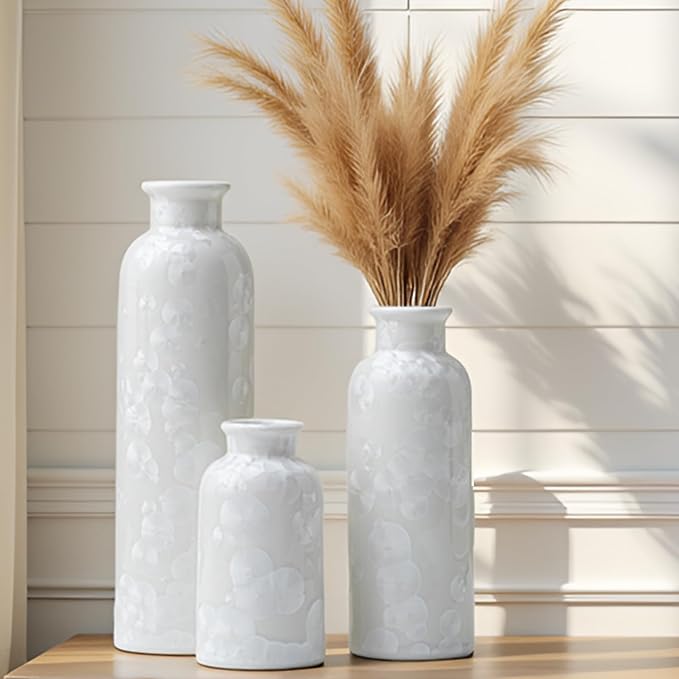 Modern Ceramic Vase Set of 3, White Crystalline Glaze Colors, Decorative Bottles for Home, Farmhouse Rustic Decor Housewarming Gifts, Wedding Gifts, Birthday Gifts for Women(Crystalline Glaze White)