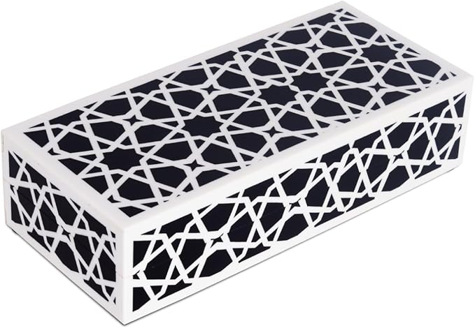 Handicrafts Home Decorative Storage Box with Lid, Black and White Moroccan Zellij Box, Coffee Table Remote Organizer, Geometric Keepsake Box for Living Room, Shelf & Hallway Decor, Zellij 10x4.5x2.5