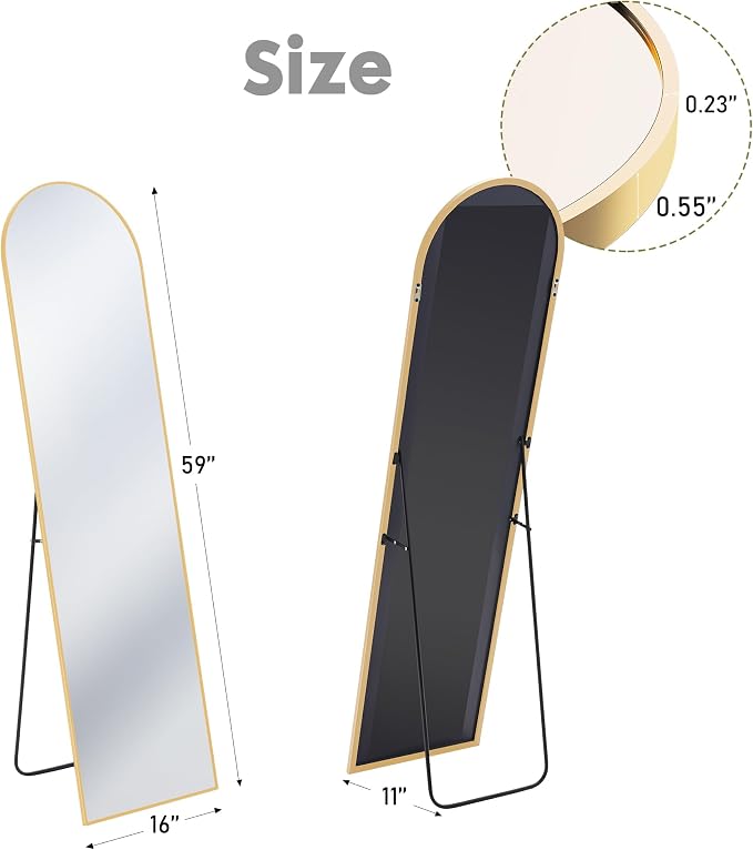 DUMOS 59"x16" Arched Full Length Floor Mirror, Full Body Mirror | Free Standing or Wall Mount, Nano Glass Aluminum Frame, Hanging or Leaning, Modern Simple Home Decor, Gold
